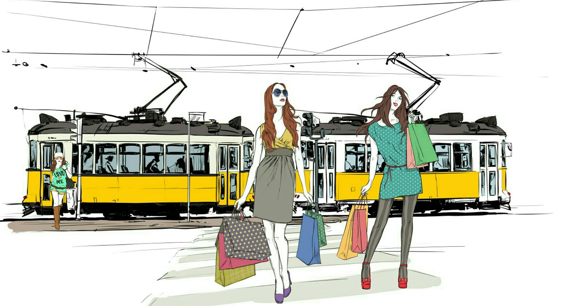Girls get out of a street car with bags full of purchases